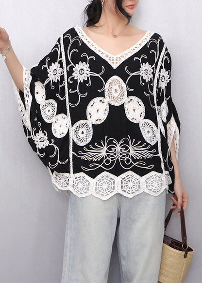 Women Black Print Hollow Out Tanks Batwing Sleeve