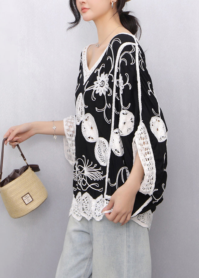 Women Black Print Hollow Out Tanks Batwing Sleeve