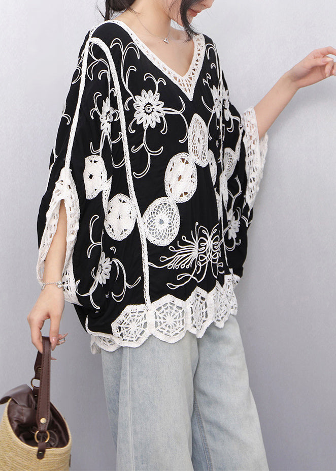 Women Black Print Hollow Out Tanks Batwing Sleeve