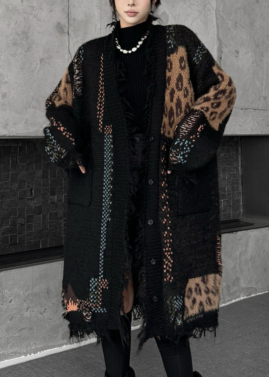 Women Black Print Patchwork Cotton Knit Cardigan Fall