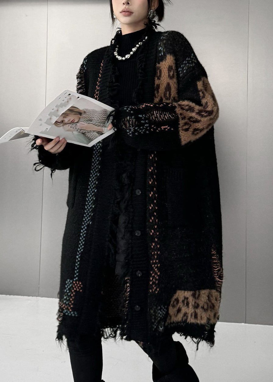 Women Black Print Patchwork Cotton Knit Cardigan Fall