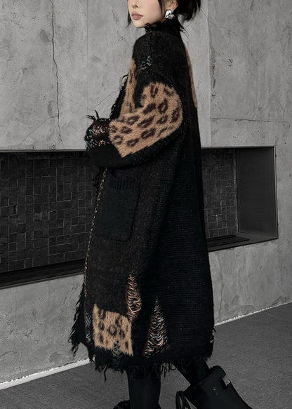 Women Black Print Patchwork Cotton Knit Cardigan Fall