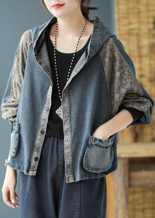 Women Black Print Patchwork Loose Fall Denim Hoodie Coat