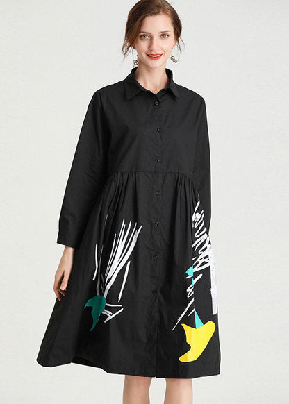 Frauen Schwarz Print Patchwork shirts Kleid Herbst