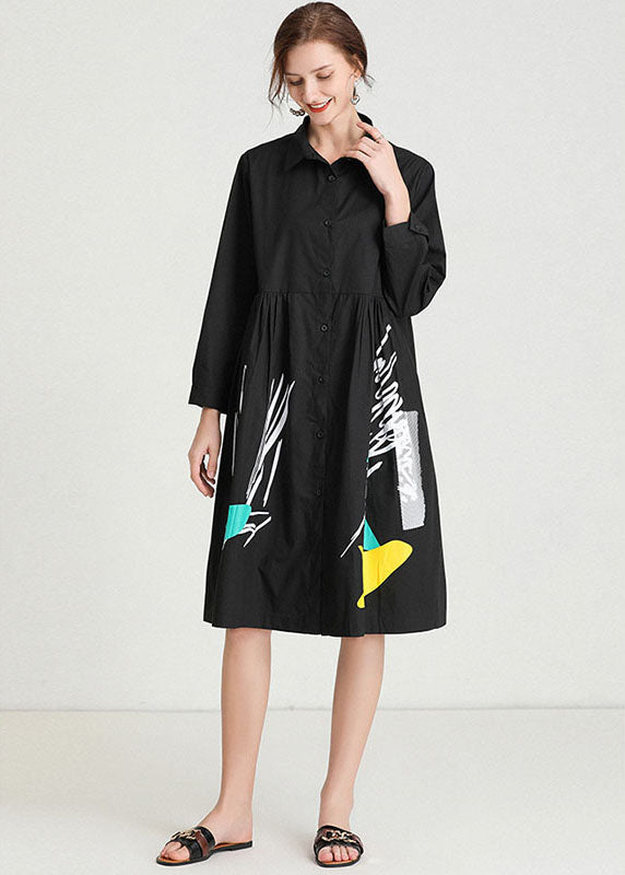 Frauen Schwarz Print Patchwork shirts Kleid Herbst