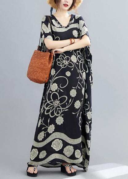 Women Black Print V Neck Batwing Sleeve Robe Spring Dress - SooLinen