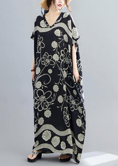Women Black Print V Neck Batwing Sleeve Robe Spring Dress - SooLinen