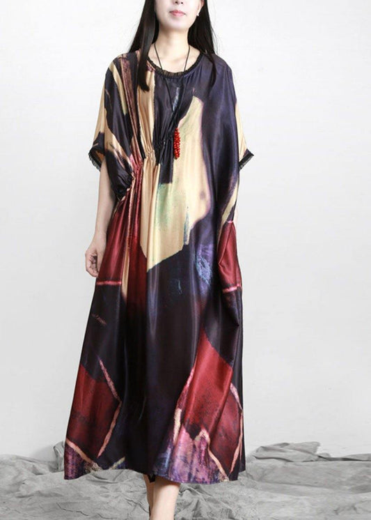 Women Black Print Silk Party Dress Batwing Sleeve - SooLinen