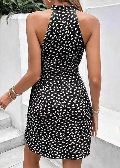 Women Black Print Wrinkled Chiffon Mid Dresses Summer