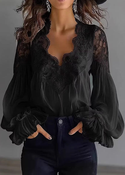 Women Black Puff Sleeve Lace Patchwork Chiffon Shirt Top