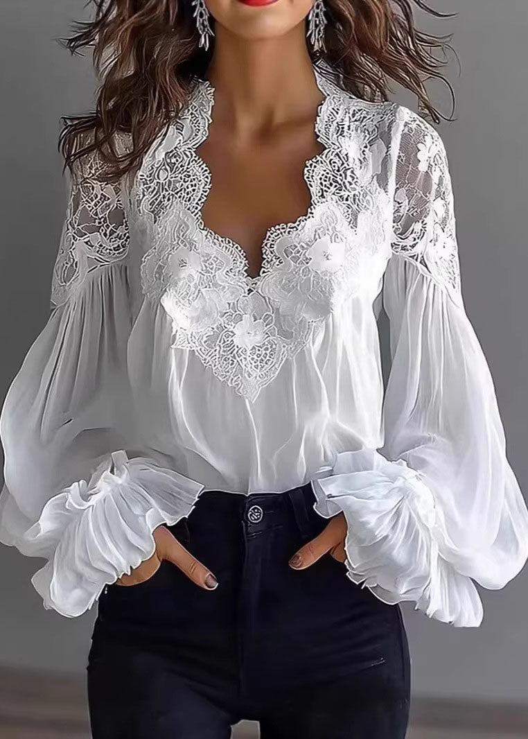 Women Black Puff Sleeve Lace Patchwork Chiffon Shirt Top