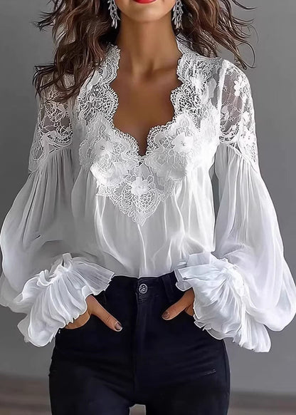 Women Black Puff Sleeve Lace Patchwork Chiffon Shirt Top