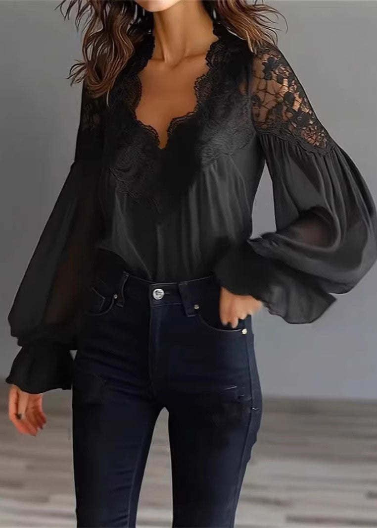 Women Black Puff Sleeve Lace Patchwork Chiffon Shirt Top