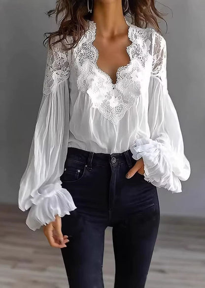 Women Black Puff Sleeve Lace Patchwork Chiffon Shirt Top