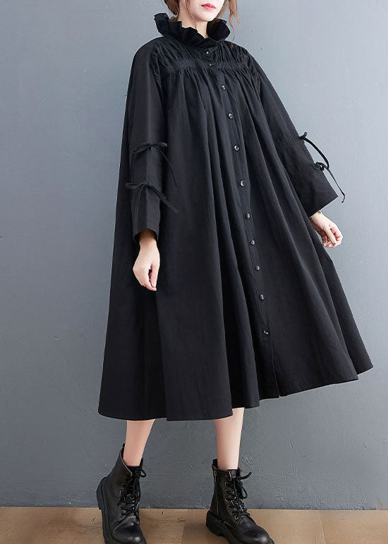 Frauen Schwarz Rüschen Taste Baumwolle Blusen Kleider Frühling