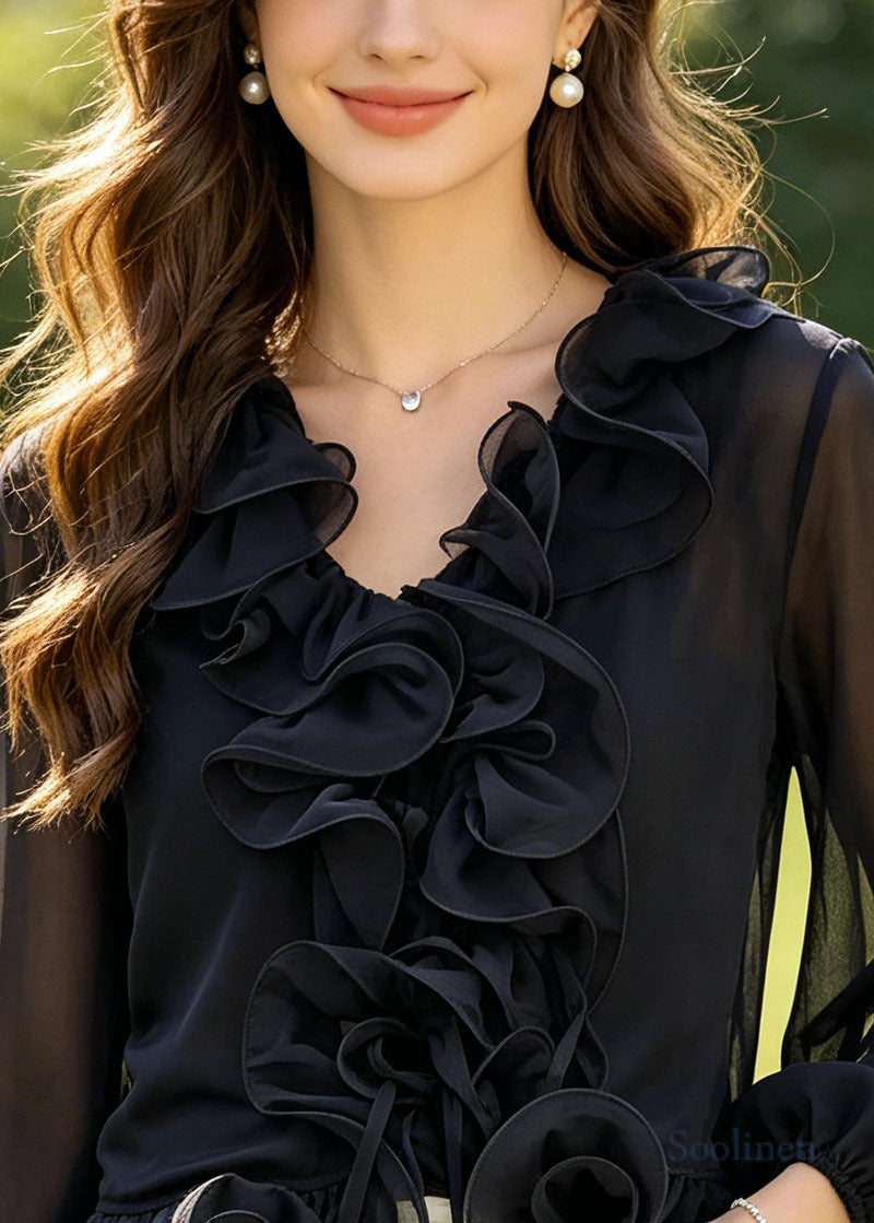 Women Black Ruffled Flower Chiffon Shirt Summer