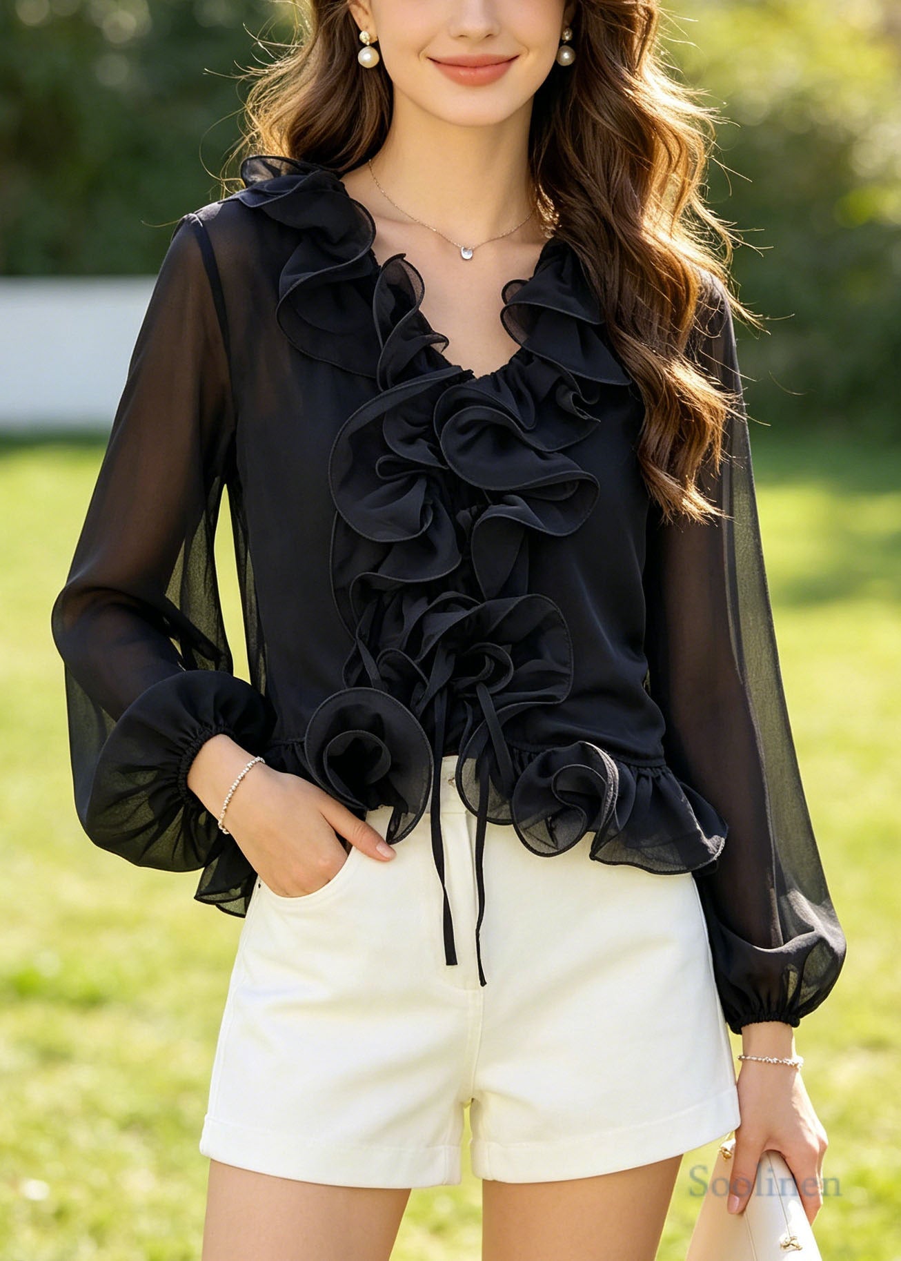 Women Black Ruffled Flower Chiffon Shirt Summer