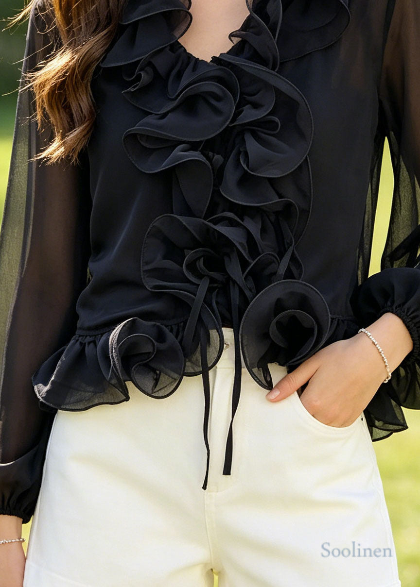 Women Black Ruffled Flower Chiffon Shirt Summer