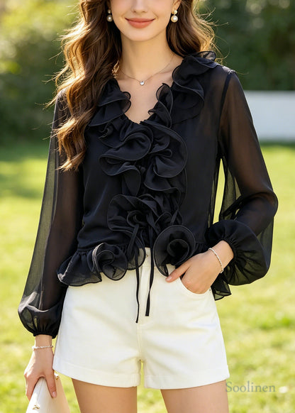 Women Black Ruffled Flower Chiffon Shirt Summer
