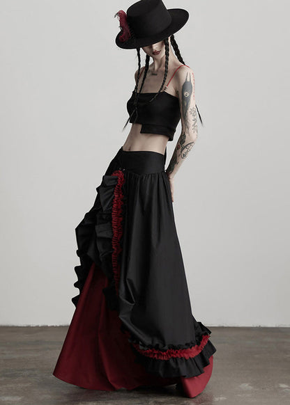 Faldas de algodón con dobladillo grande y volantes negros para mujer, primavera