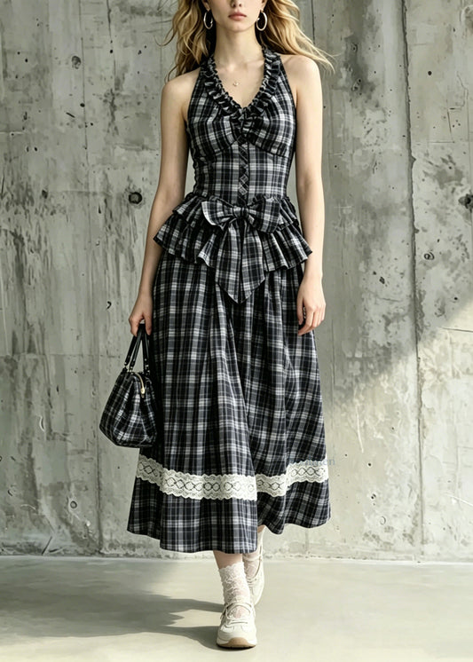 Women Black Ruffled Plaid Bow Cotton 2 Piece Outfit Summer