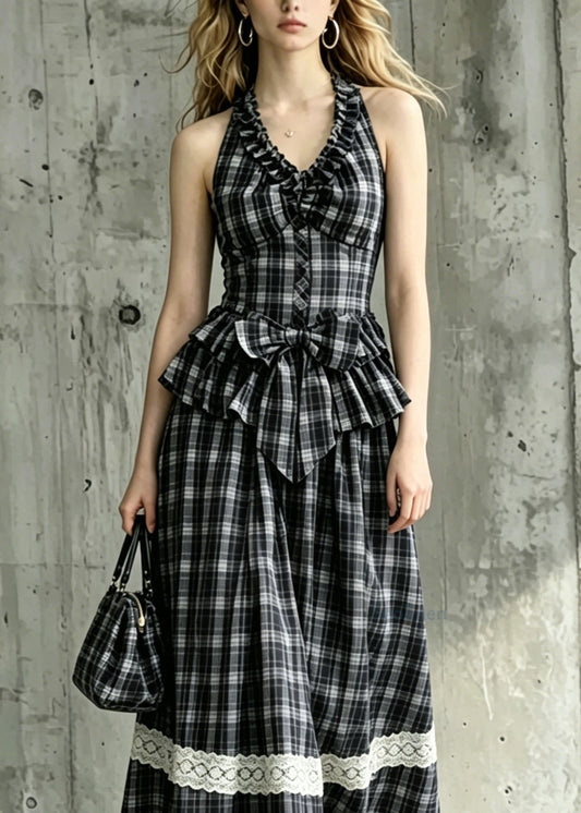 Women Black Ruffled Plaid Bow Cotton 2 Piece Outfit Summer