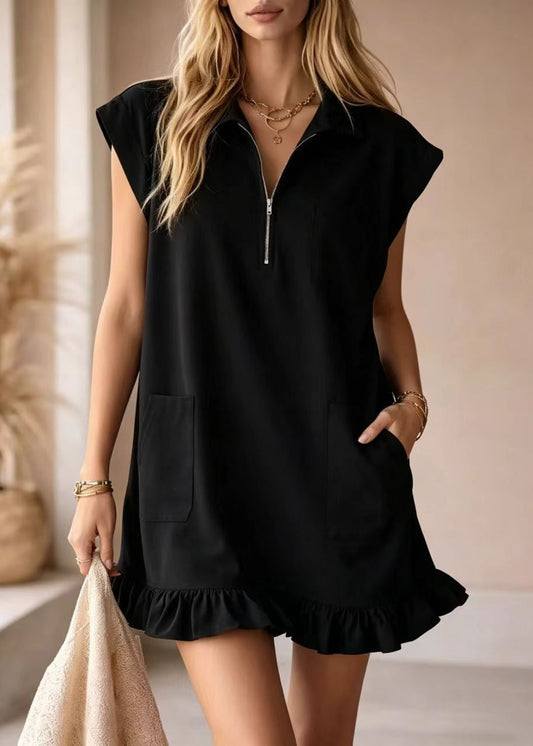 Women Black Ruffled Zippered Cotton Mini Dress Summer