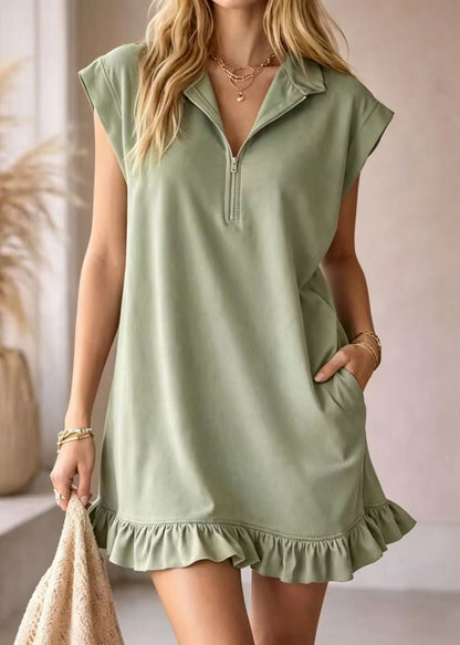 Women Black Ruffled Zippered Cotton Mini Dress Summer