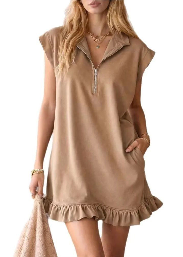 Women Black Ruffled Zippered Cotton Mini Dress Summer