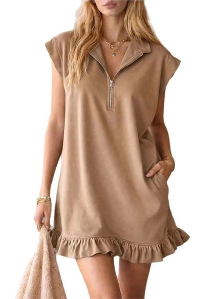 Women Black Ruffled Zippered Cotton Mini Dress Summer