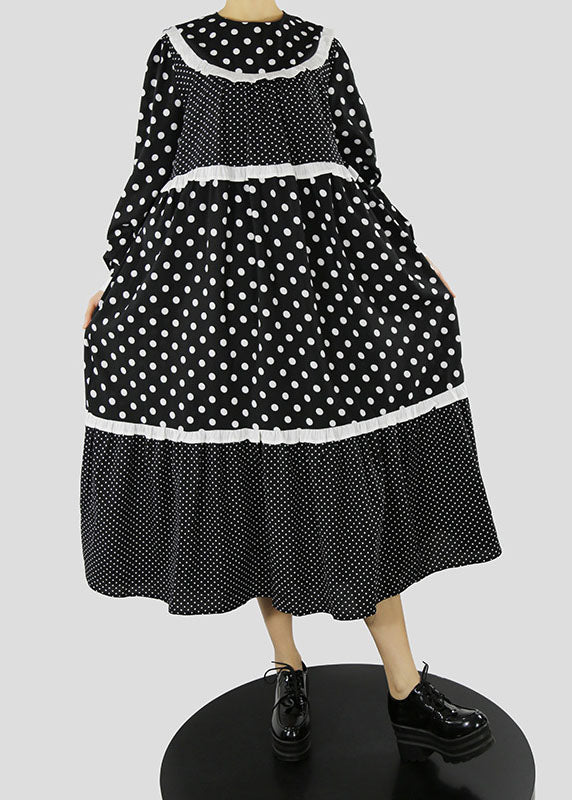 Frauen Schwarz Rüschen Zip Up dot Patchwork Maxi Kleider Frühling