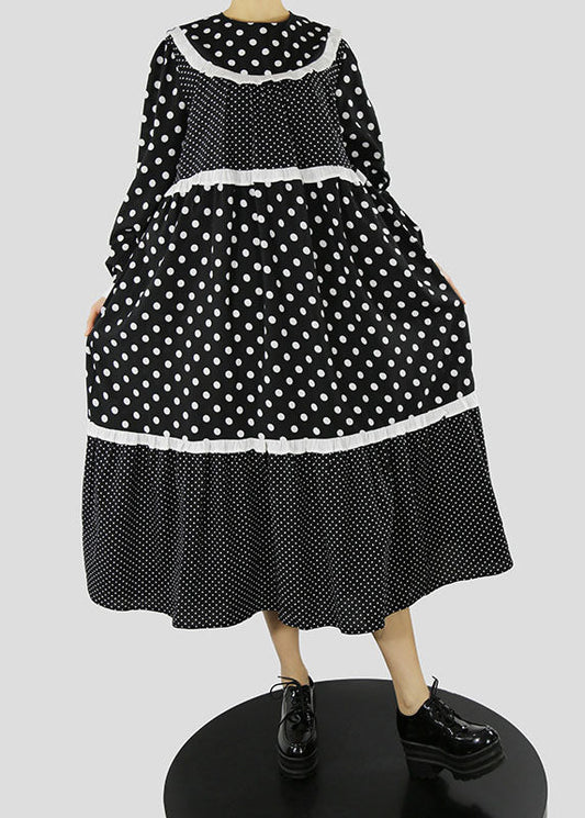 Frauen Schwarz Rüschen Zip Up dot Patchwork Maxi Kleider Frühling