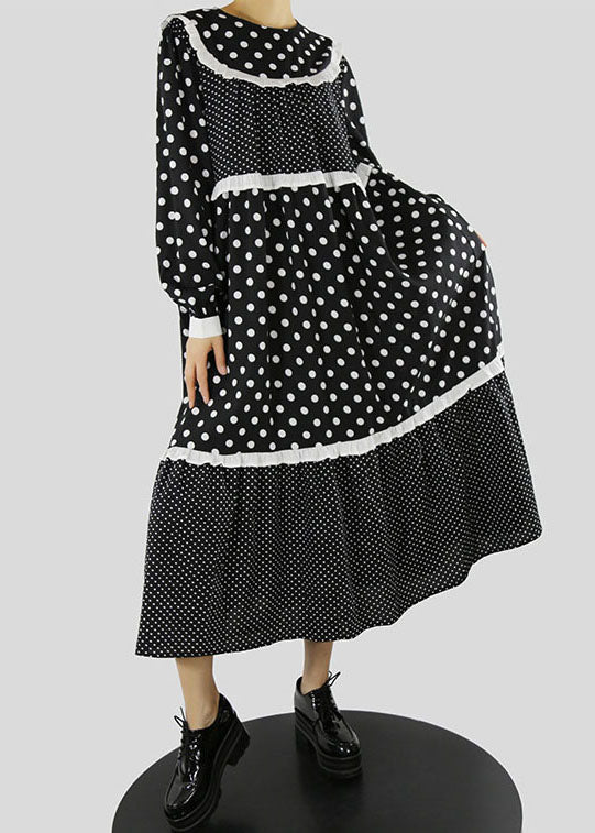 Frauen Schwarz Rüschen Zip Up dot Patchwork Maxi Kleider Frühling