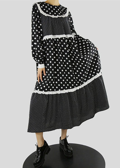 Frauen Schwarz Rüschen Zip Up dot Patchwork Maxi Kleider Frühling