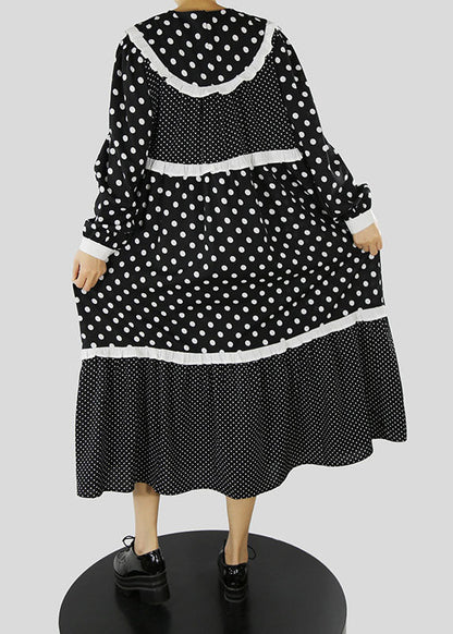 Frauen Schwarz Rüschen Zip Up dot Patchwork Maxi Kleider Frühling