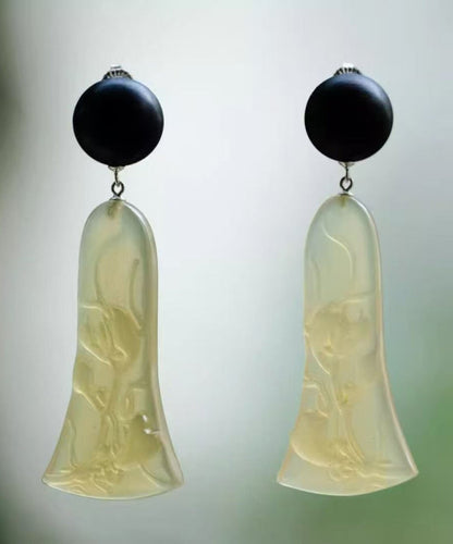 Women Black Sandalwood Carving Drop Earrings