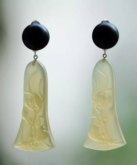 Women Black Sandalwood Carving Drop Earrings