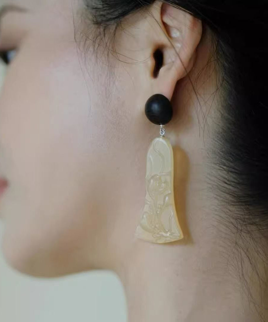 Women Black Sandalwood Carving Drop Earrings