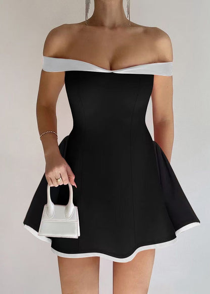 Women Black Slash Neck Patchwork Cotton Mini Dress Summer