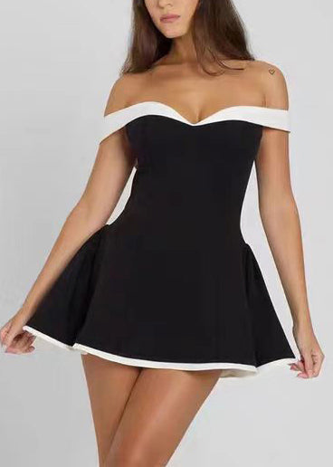 Women Black Slash Neck Patchwork Cotton Mini Dress Summer