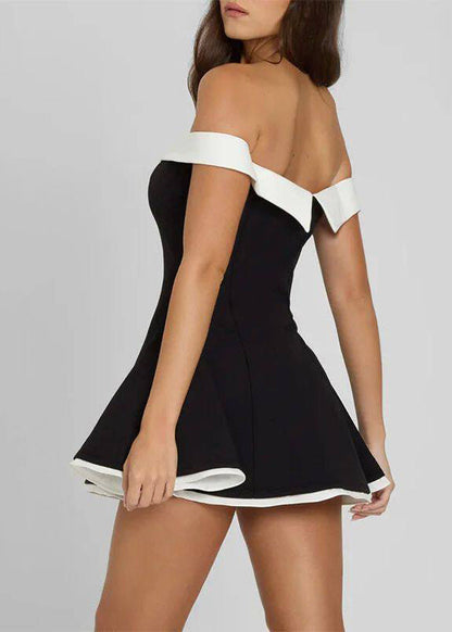 Women Black Slash Neck Patchwork Cotton Mini Dress Summer