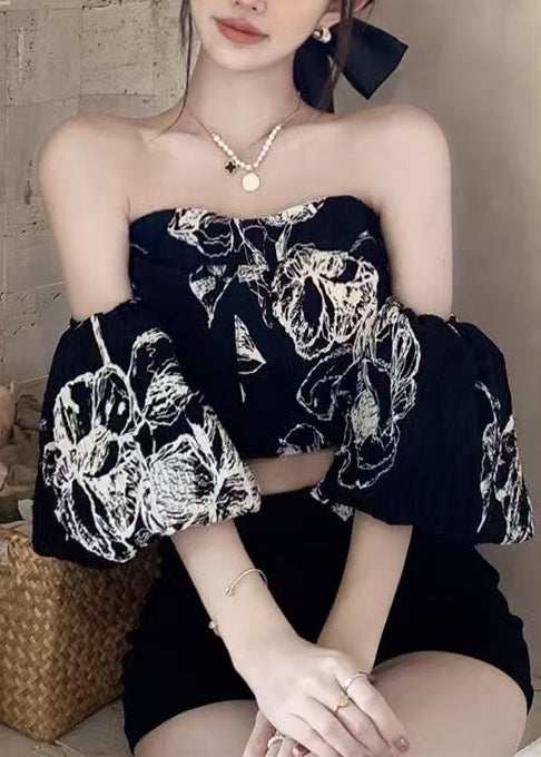 Women Black Slash Neck Print Chiffon Top Puff Sleeve