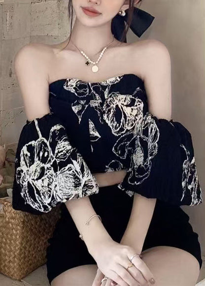 Women Black Slash Neck Print Chiffon Top Puff Sleeve