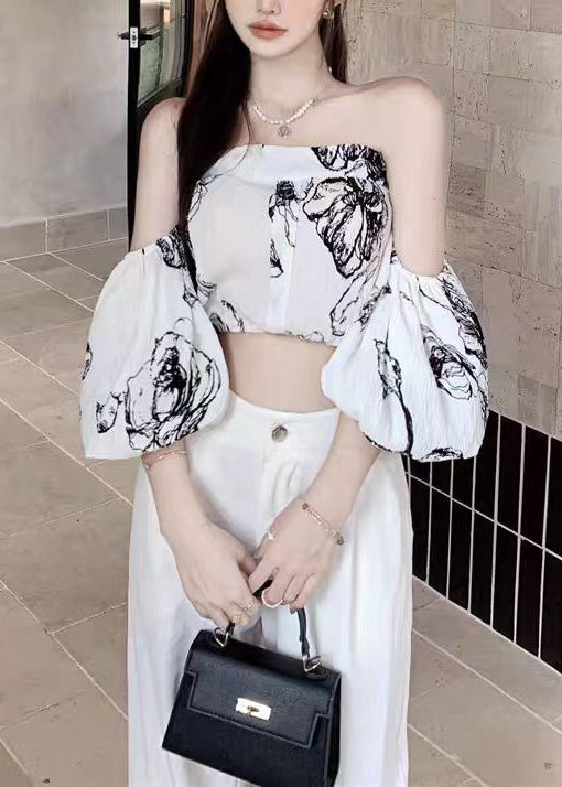 Women Black Slash Neck Print Chiffon Top Puff Sleeve