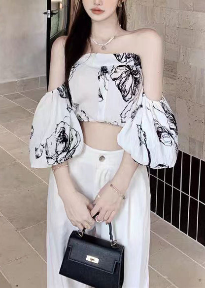 Women Black Slash Neck Print Chiffon Top Puff Sleeve