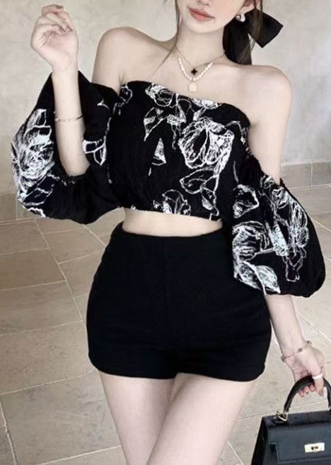 Women Black Slash Neck Print Chiffon Top Puff Sleeve