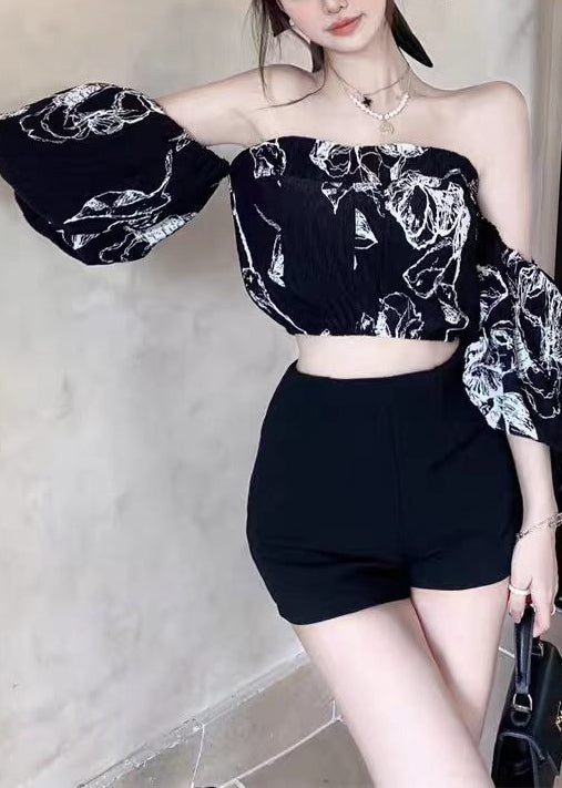 Women Black Slash Neck Print Chiffon Top Puff Sleeve
