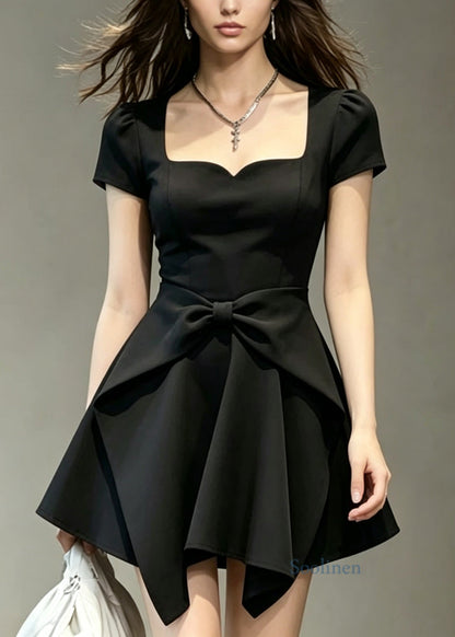 Women Black Square Collar Bow Patchwork Cotton Mid Dress Summer