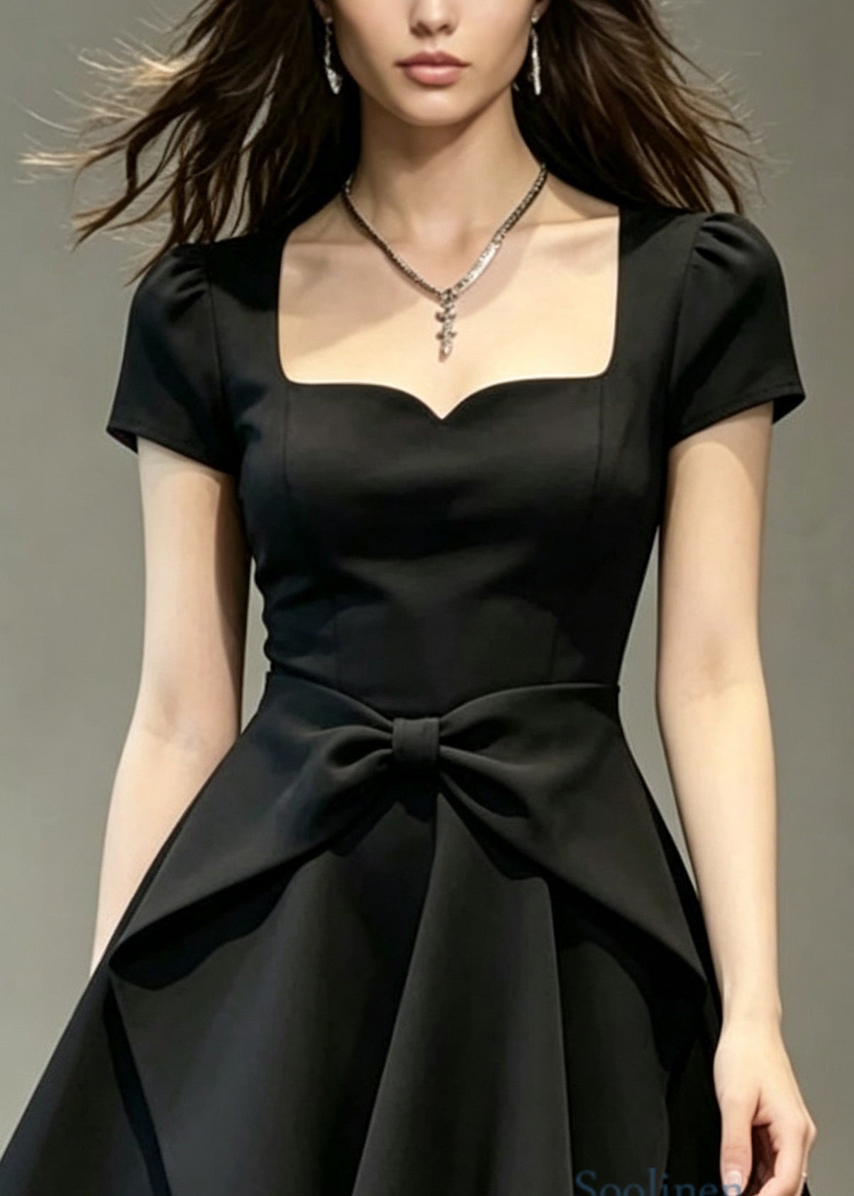 Women Black Square Collar Bow Patchwork Cotton Mid Dress Summer