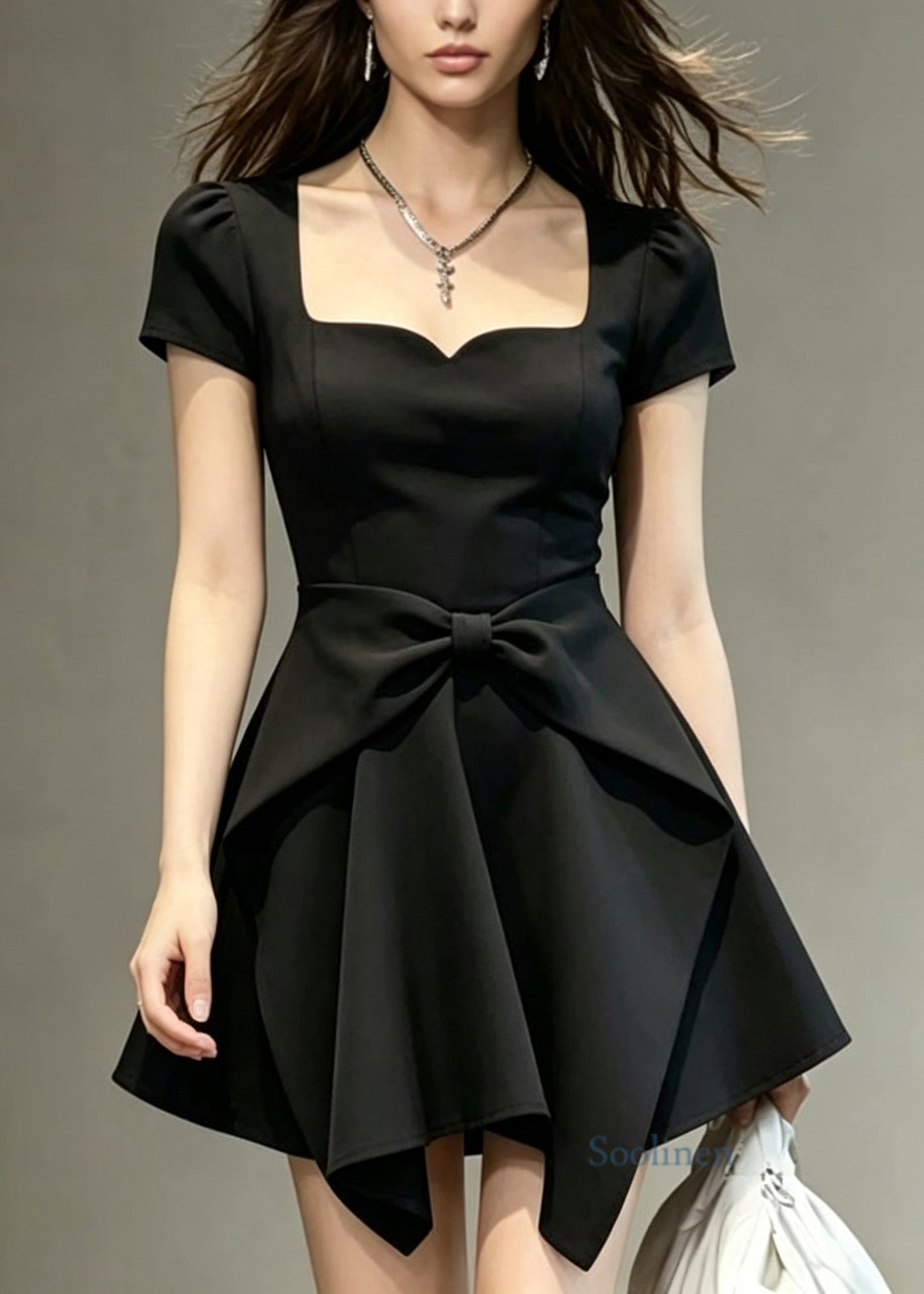 Women Black Square Collar Bow Patchwork Cotton Mid Dress Summer